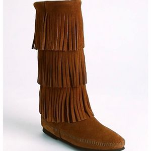 Minnetonka 3 Layer Fringe Tall Pull On Brown Boots